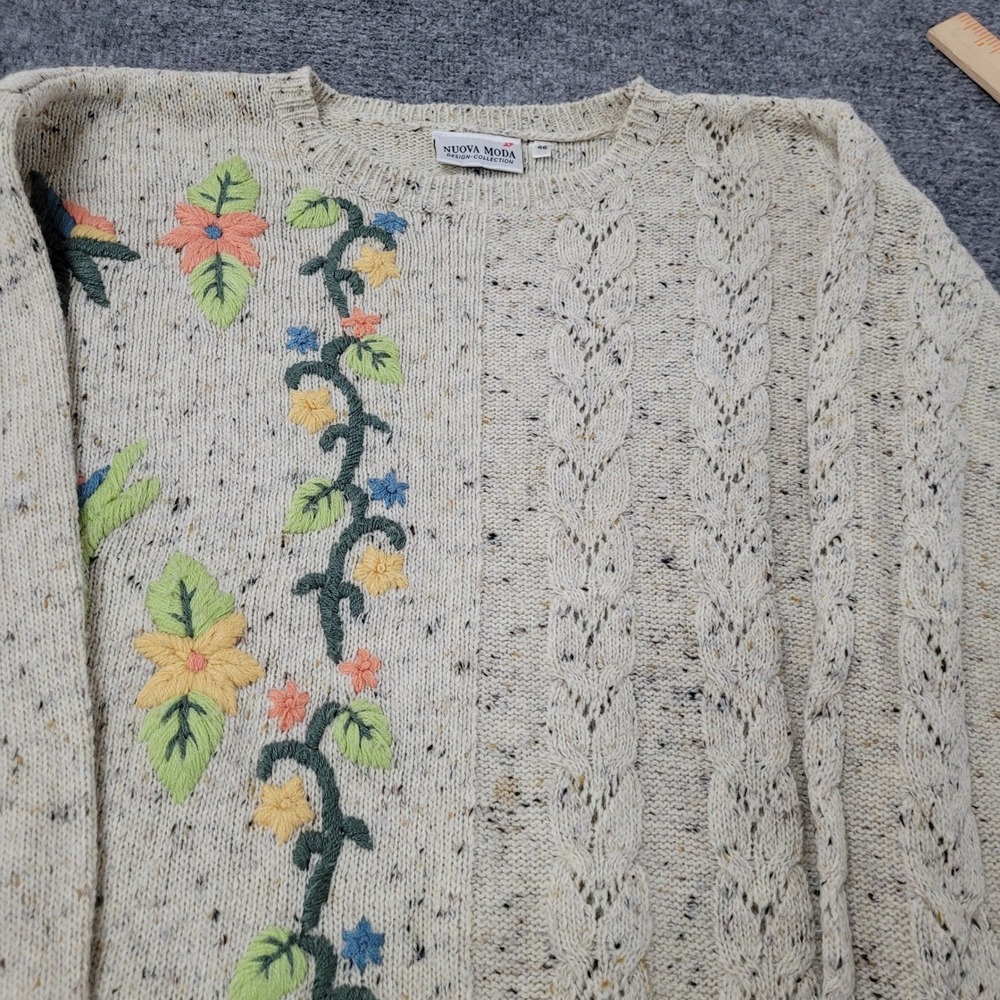 Nuova Moda Sweater Womens Size 46 Cream Floral Embroidered Cable Knit Pullover